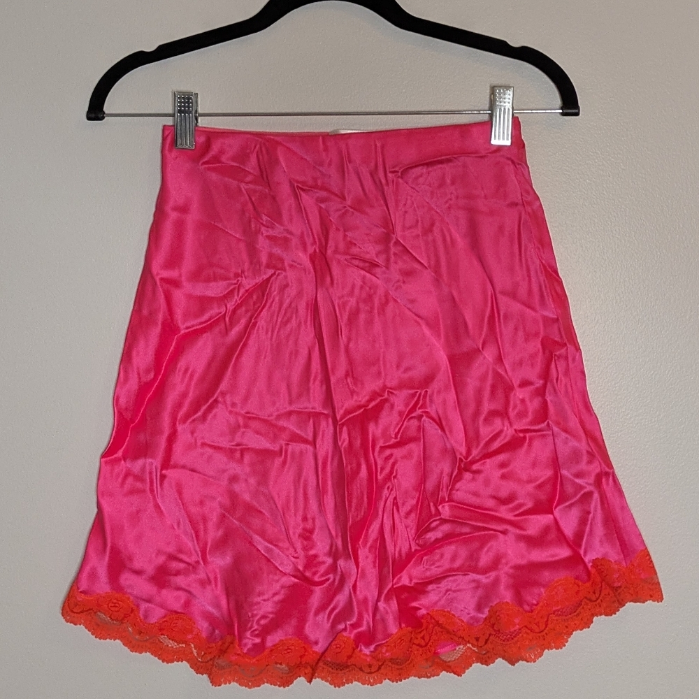 From Future 100% Silk Hot Pink Mini Skirt with Orange Lace Trim Size S